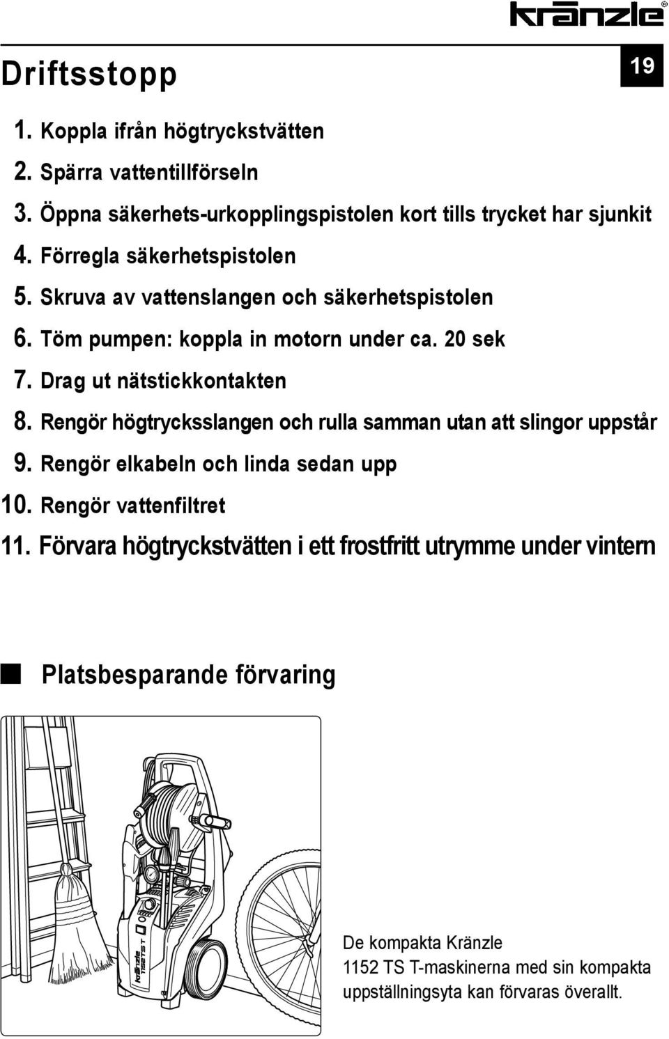 Drag ut nätstickkontakten 08. Rengör högtrycksslangen och rulla samman utan att slingor uppstår 09. Rengör elkabeln och linda sedan upp 10.