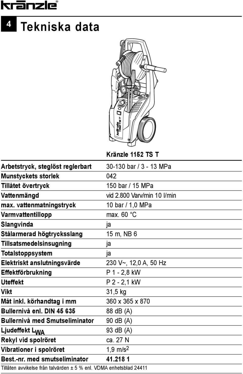 60 C Slangvinda ja Stålarmerad högtrycksslang 15 m, NB 6 Tillsatsmedelsinsugning ja Totalstoppsystem ja Elektriskt anslutningsvärde 230 V~, 12,0 A, 50 Hz Effektförbrukning P 1-2,8 kw Uteffekt P