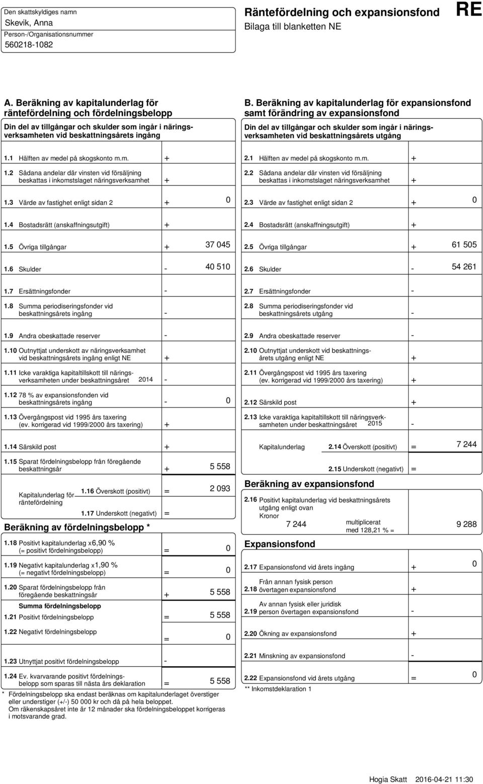 Beräkning av kapitalunderlag för expansionsfond samt förändring av expansionsfond Din del av tillgångar och skulder som ingår i näringsverksamheten vid beskattningsårets utgång 1.