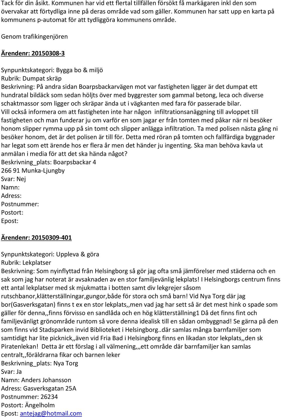 Genom trafikingenjören Ärendenr: 20150308-3 Synpunktskategori: Bygga bo & miljö Rubrik: Dumpat skräp Beskrivning: På andra sidan Boarpsbackarvägen mot var fastigheten ligger är det dumpat ett