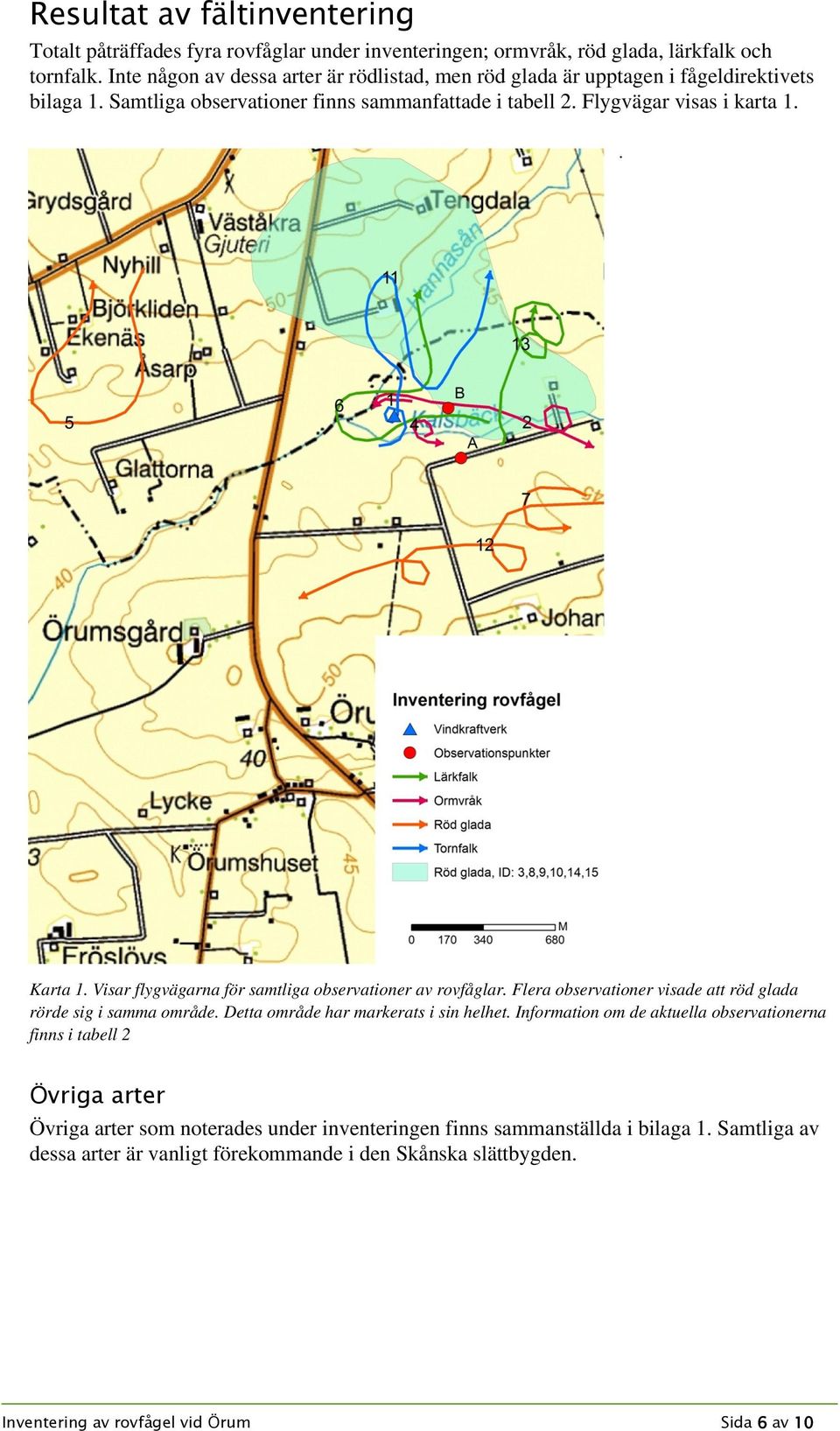 Visar flygvägarna för samtliga observationer av rovfåglar. Flera observationer visade att röd glada rörde sig i samma område. Detta område har markerats i sin helhet.