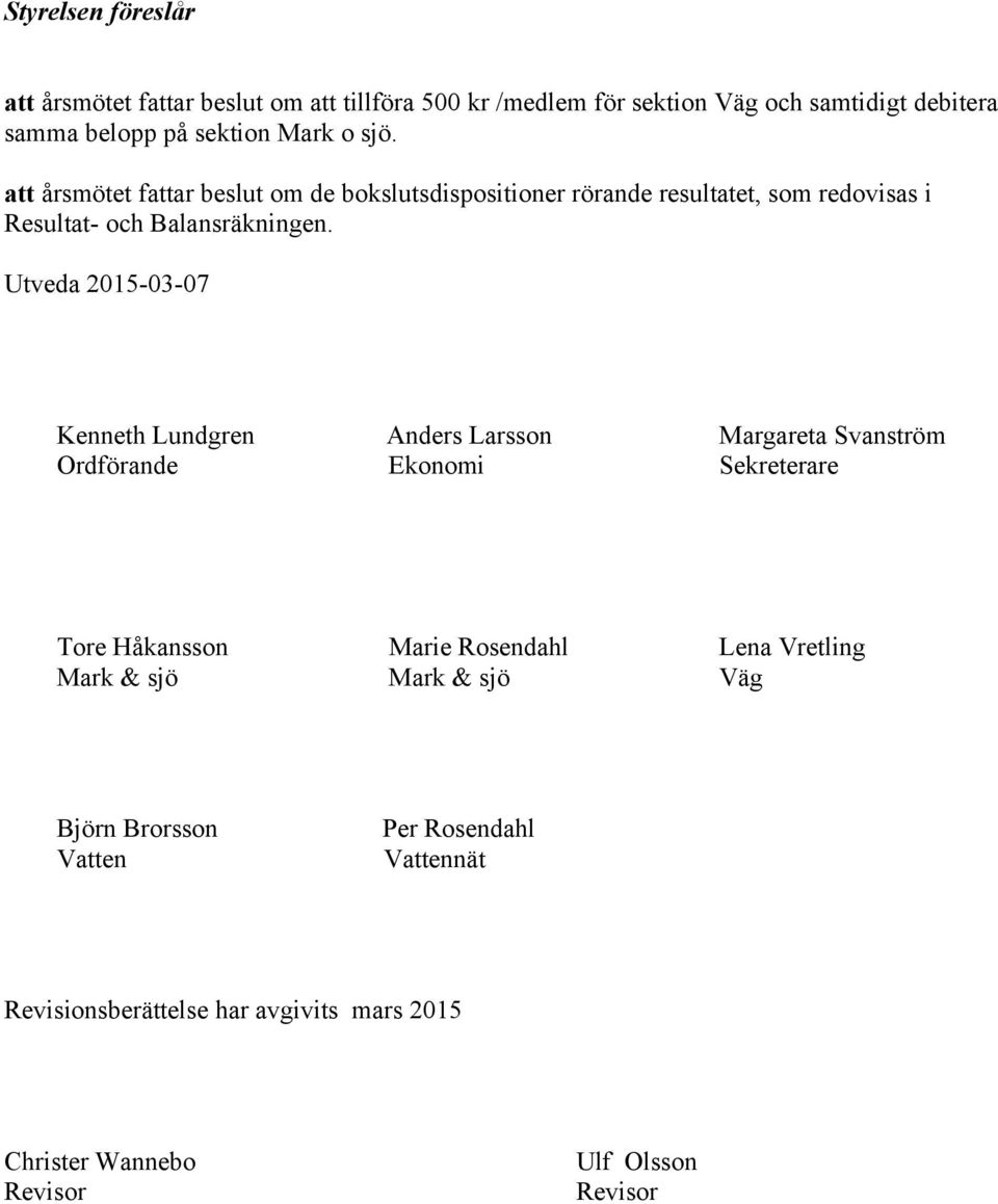 Utveda 2015-03-07 Kenneth Lundgren Anders Larsson Margareta Svanström Ordförande Ekonomi Sekreterare Tore Håkansson Marie Rosendahl Lena