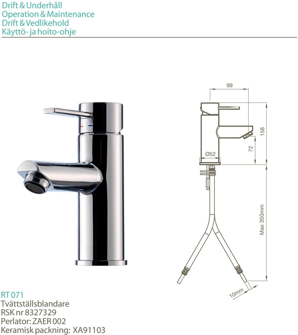 Max 350mm RT 071 Tvättställsblandare RSK nr