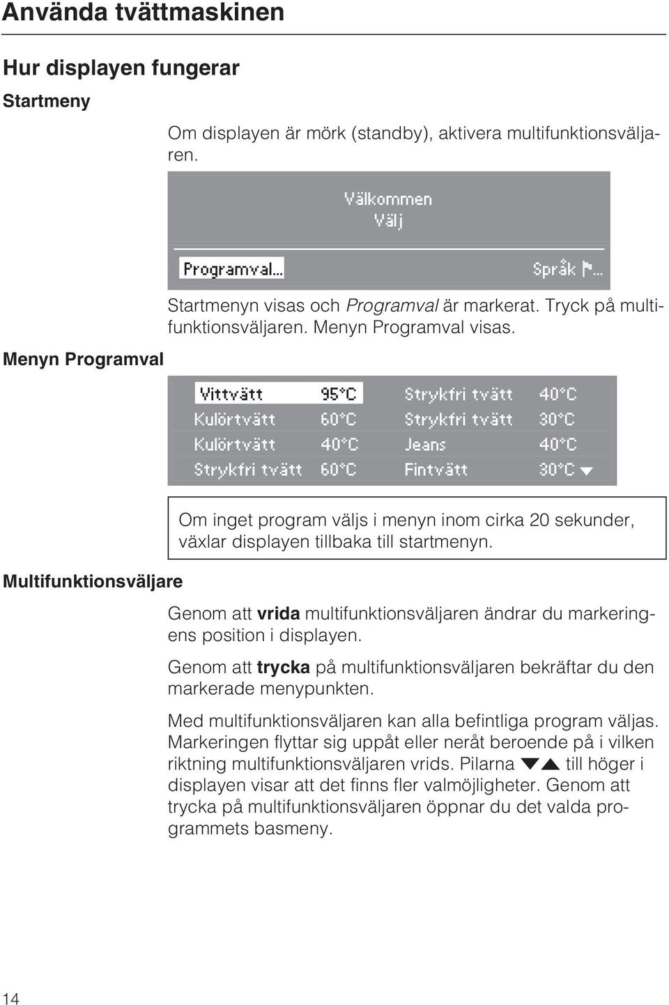 Menyn Programval Vittvätt 95 C Strykfri tvätt 40 C Kulörtvätt 60 C Strykfri tvätt 30 C Kulörtvätt 40 C Jeans 40 C Strykfri tvätt 60 C Fintvätt 30 C H Om inget program väljs i menyn inom cirka 20