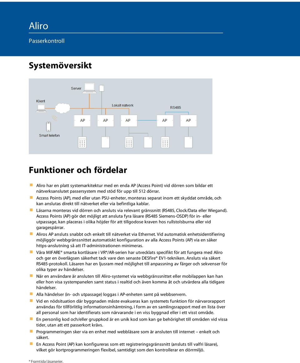 Läsarna monteras vid dörren och ansluts via relevant gränssnitt (RS485, Clock/Data eller Wiegand).