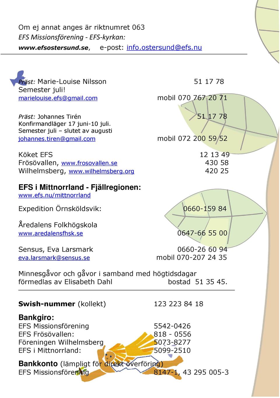 com mobil 072 200 59 52 Köket EFS 12 13 49 Frösövallen, www.frosovallen.se 430 58 Wilhelmsberg, www.wilhelmsberg.org 420 25 EFS i Mittnorrland - Fjällregionen: www.efs.