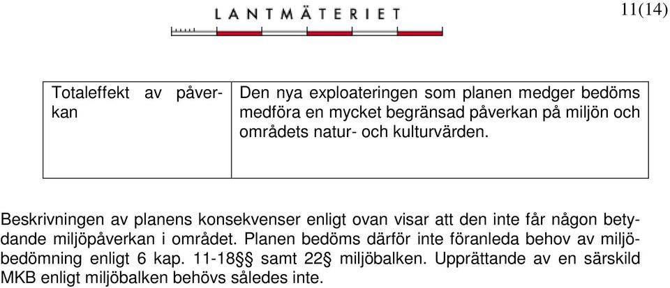 Beskrivningen av planens konsekvenser enligt ovan visar att den inte får någon betydande miljöpåverkan i området.