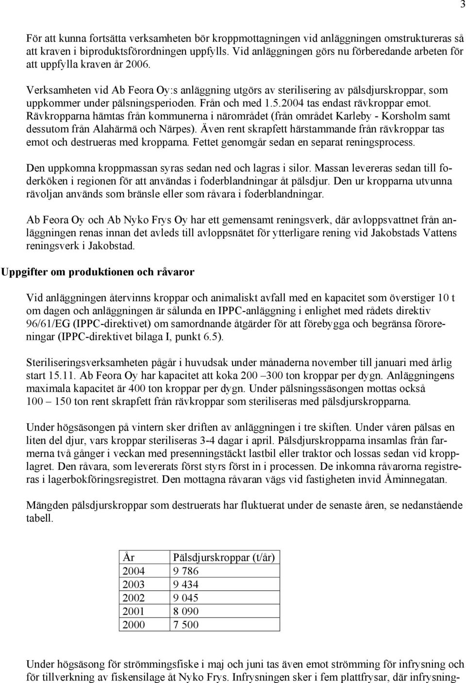 Verksamheten vid Ab Feora Oy:s anläggning utgörs av sterilisering av pälsdjurskroppar, som uppkommer under pälsningsperioden. Från och med 1.5.2004 tas endast rävkroppar emot.