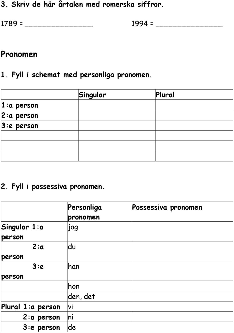 1:a person 2:a person 3:e person Singular Plural 2. Fyll i possessiva pronomen.