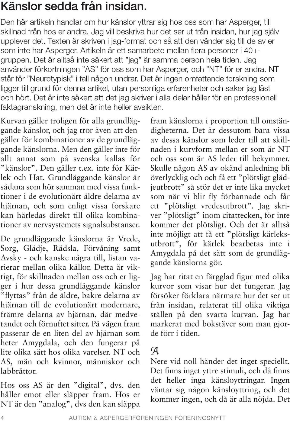 Artikeln är ett samarbete mellan flera personer i 40+gruppen. Det är alltså inte säkert att jag är samma person hela tiden. Jag använder förkortningen AS för oss som har Asperger, och NT för er andra.