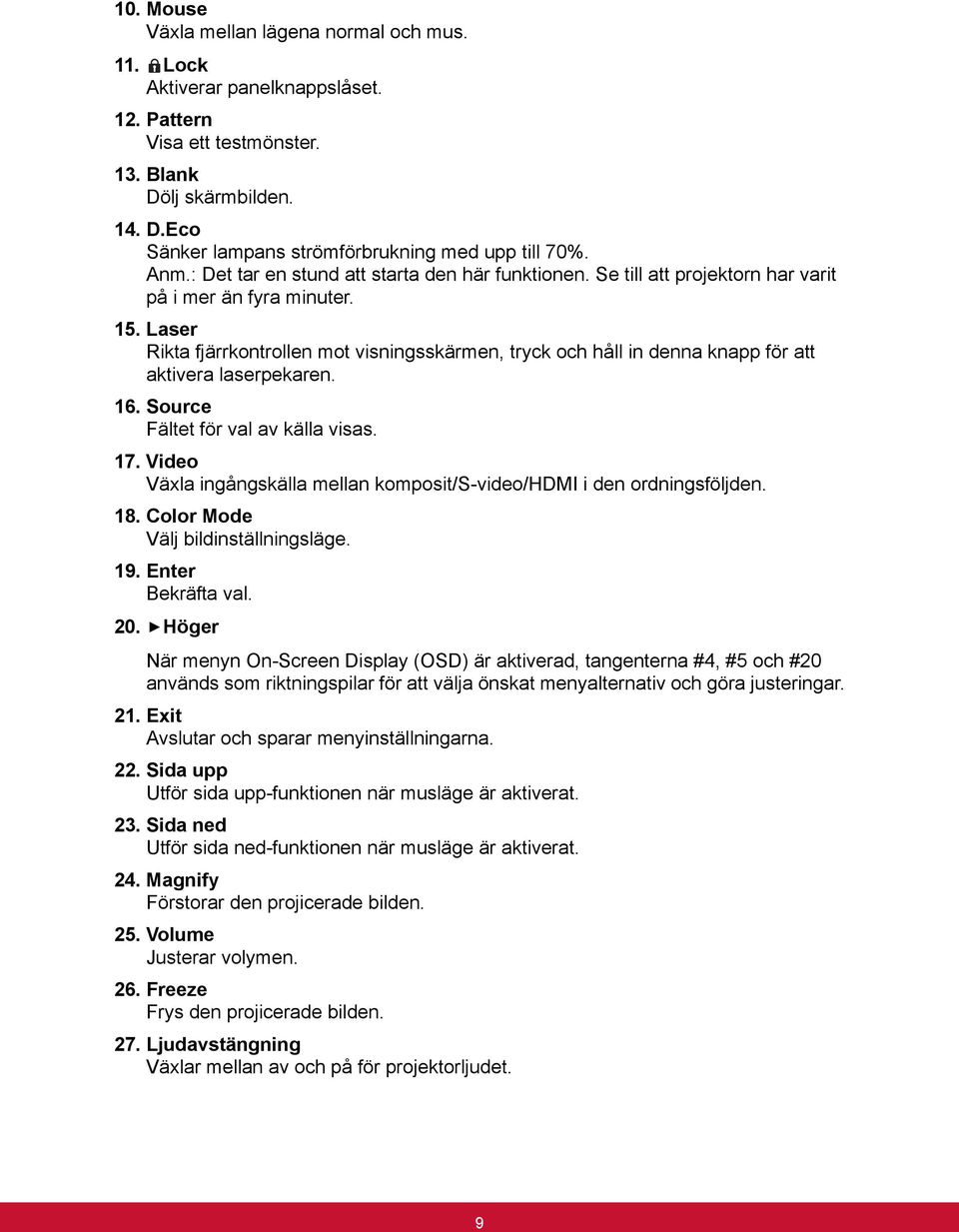 Laser Rikta fjärrkontrollen mot visningsskärmen, tryck och håll in denna knapp för att aktivera laserpekaren. 16. Source Fältet för val av källa visas. 17.