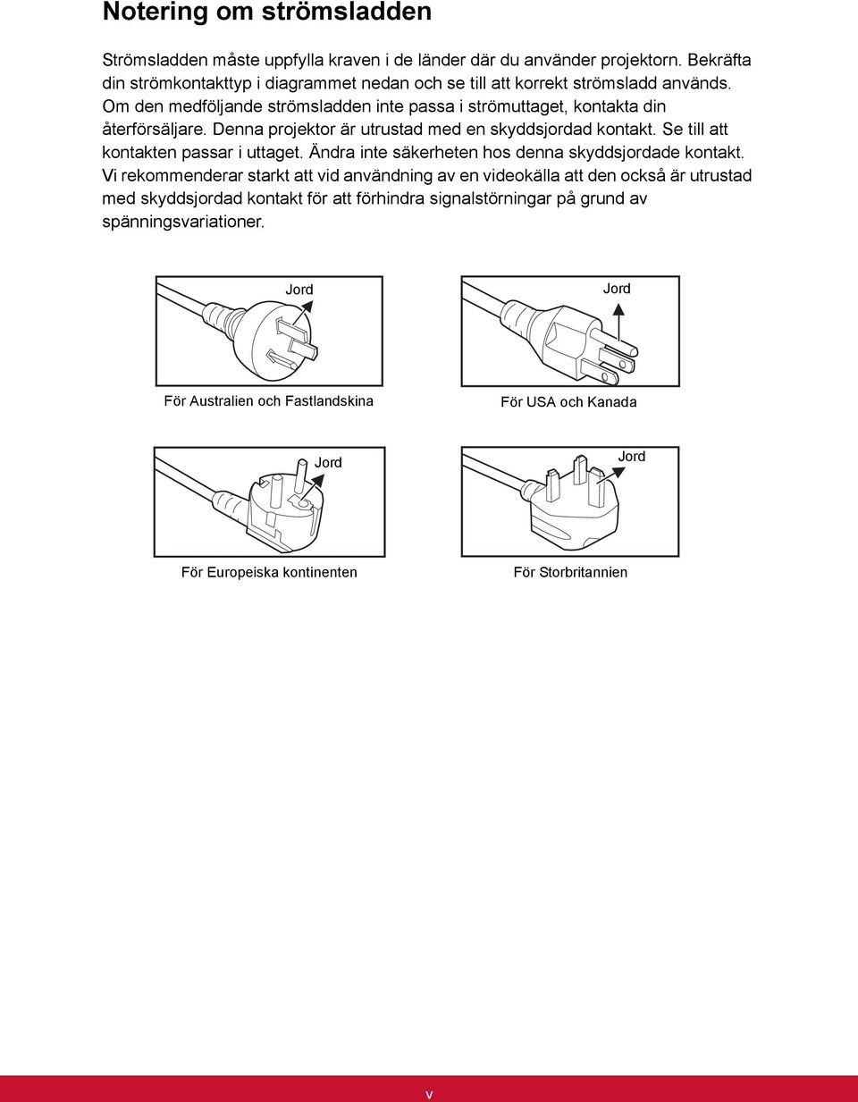 Denna projektor är utrustad med en skyddsjordad kontakt. Se till att kontakten passar i uttaget. Ändra inte säkerheten hos denna skyddsjordade kontakt.