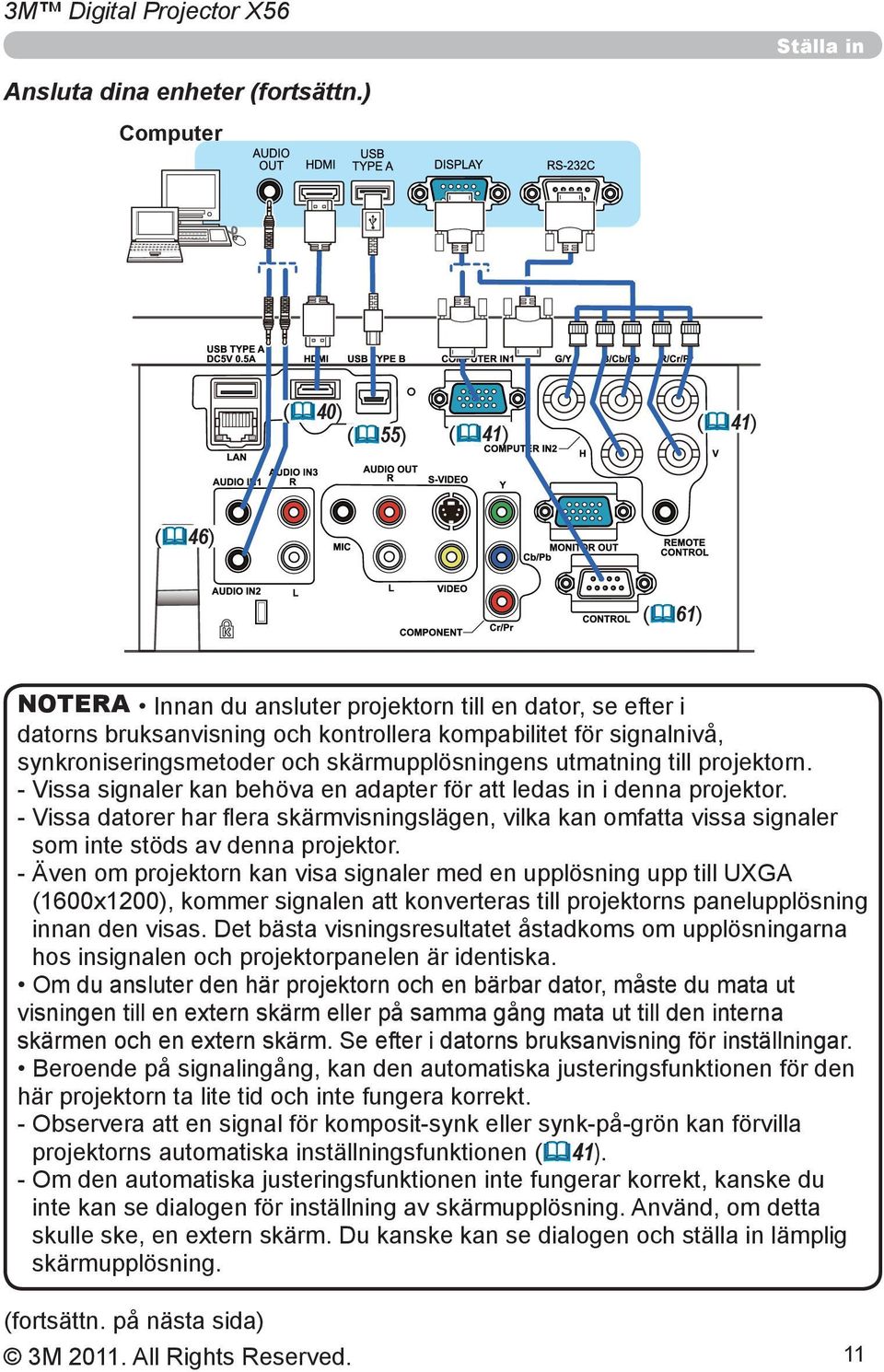 och skärmupplösningens utmatning till projektorn. - Vissa signaler kan behöva en adapter för att ledas in i denna projektor.