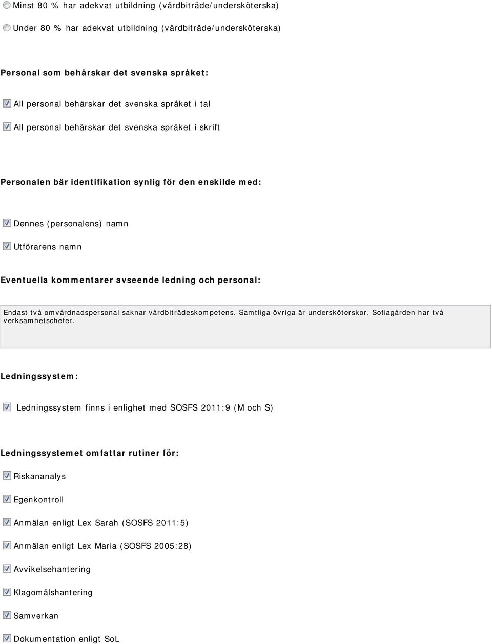 avseende ledning och personal: Endast två omvårdnadspersonal saknar vårdbiträdeskompetens. Samtliga övriga är undersköterskor. Sofiagården har två verksamhetschefer.