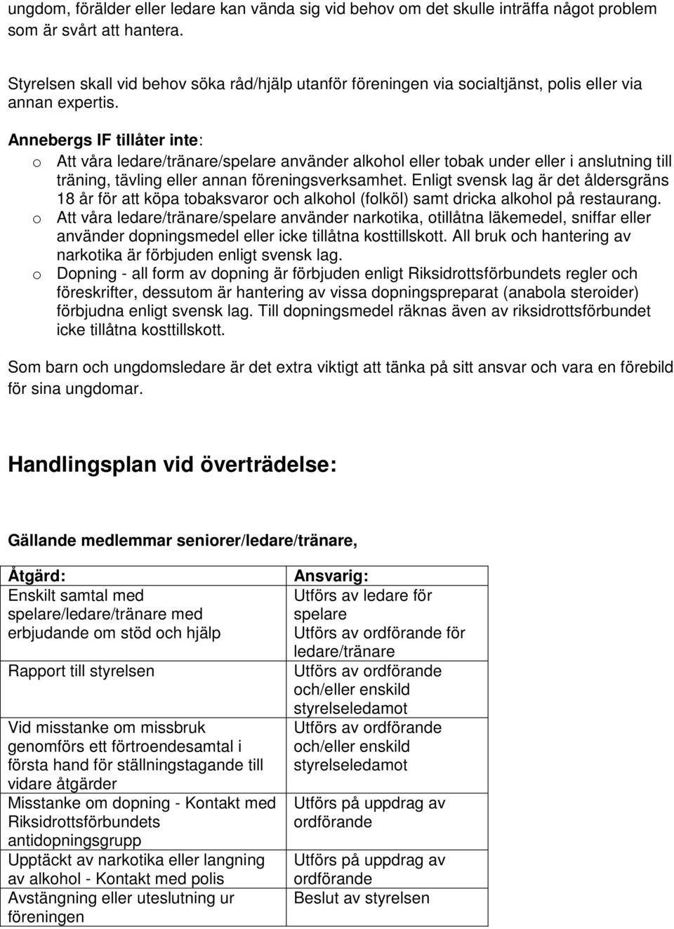 Annebergs IF tillåter inte: o Att våra ledare/tränare/spelare använder alkohol eller tobak under eller i anslutning till träning, tävling eller annan föreningsverksamhet.