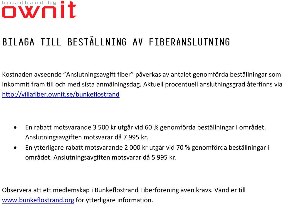 se/bunkeflostrand En rabatt motsvarande 3 500 kr utgår vid 60 % genomförda beställningar i området. Anslutningsavgiften motsvarar då 7 995 kr.