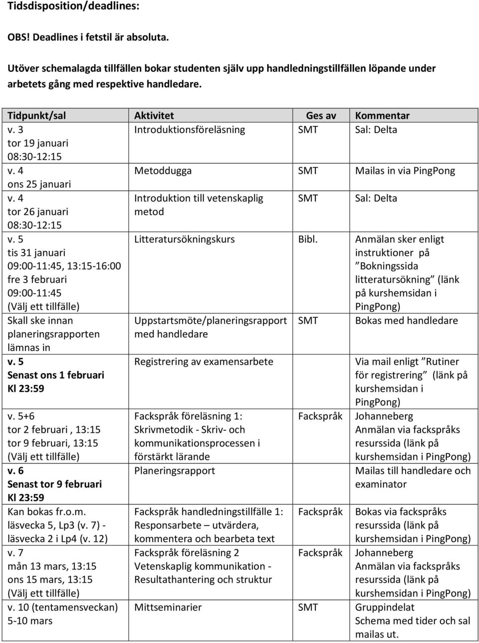 4 tor 26 januari 08:30-12:15 Introduktion till vetenskaplig metod SMT Sal: Delta v.