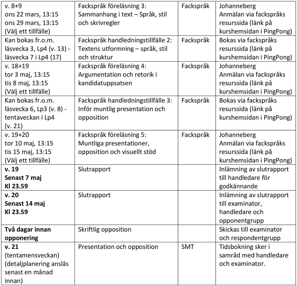 21 (tentamensveckan) (detaljplanering anslås senast en månad innan) föreläsning 3: Sammanhang i text Språk, stil och skrivregler handledningstillfälle 2: Textens utformning språk, stil och struktur