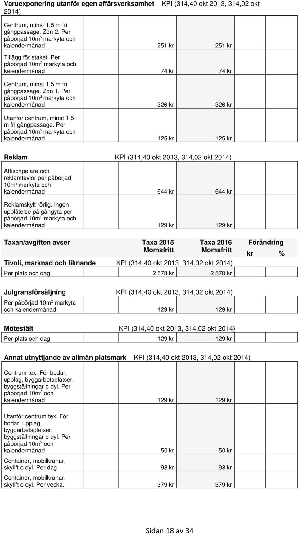 Per påbörjad 10m 2 markyta och kalendermånad 326 kr 326 kr Utanför centrum, minst 1,5 m fri gångpassage.