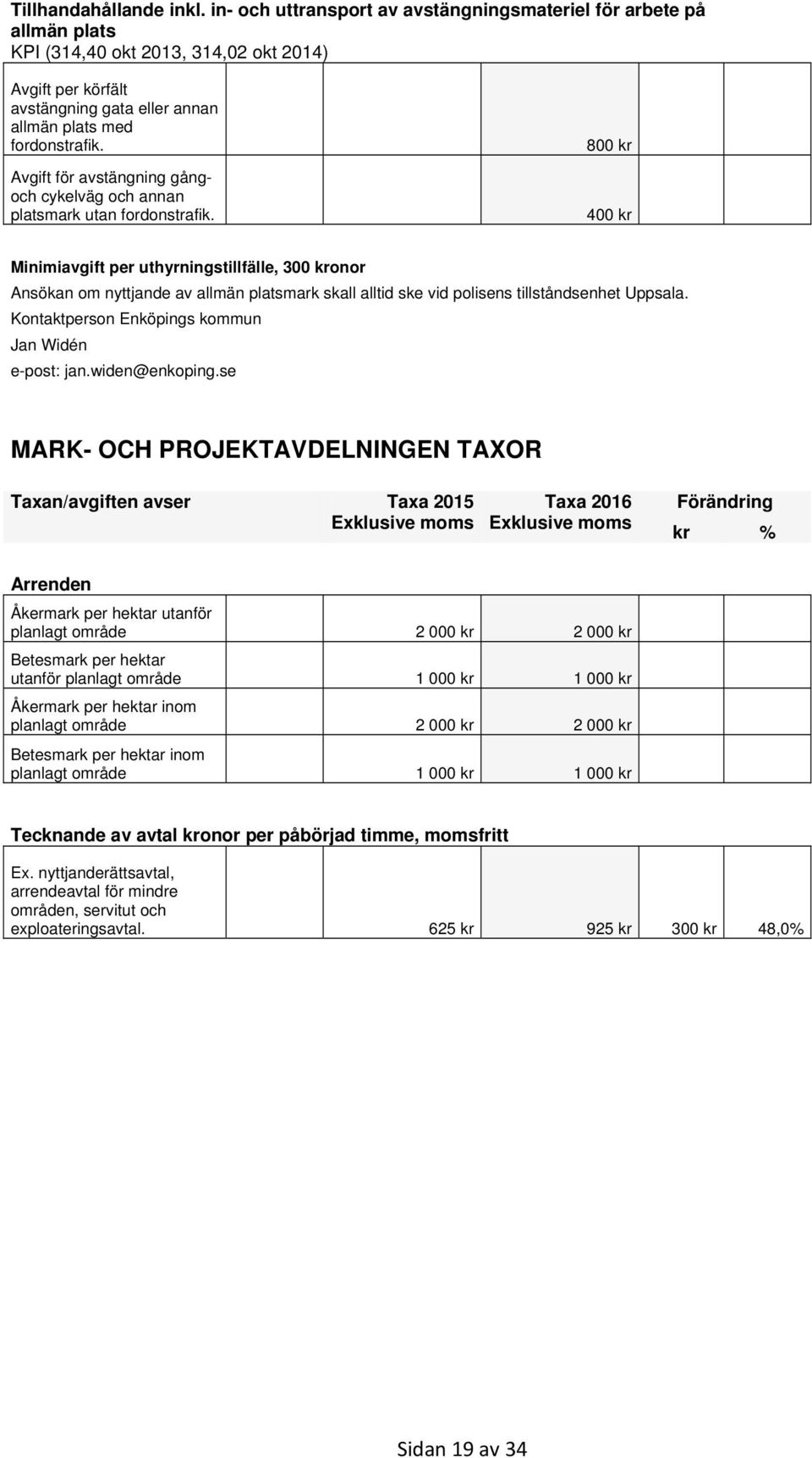 800 kr Avgift för avstängning gångoch cykelväg och annan platsmark utan fordonstrafik.