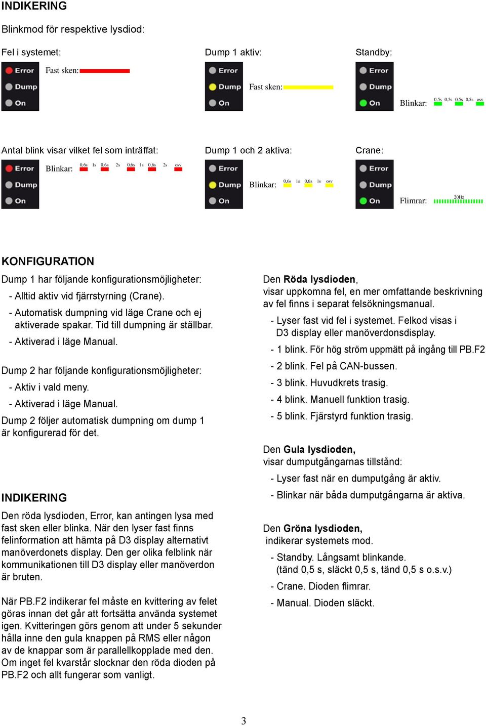 - Automatisk dumpning vid läge Crane och ej aktiverade spakar. Tid till dumpning är ställbar. - Aktiverad i läge Manual. Dump har följande konfigurationsmöjligheter: - Aktiv i vald meny.