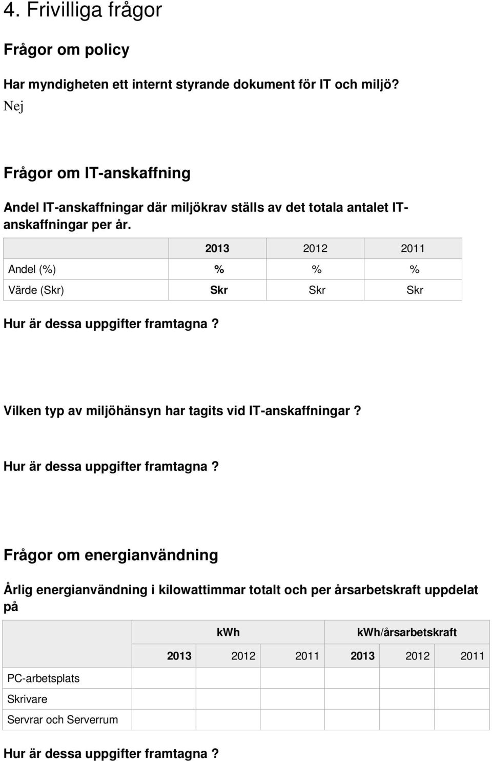 2013 2012 2011 Andel (%) % % % Värde (Skr) Skr Skr Skr Hur är dessa uppgifter framtagna? Vilken typ av miljöhänsyn har tagits vid IT-anskaffningar?