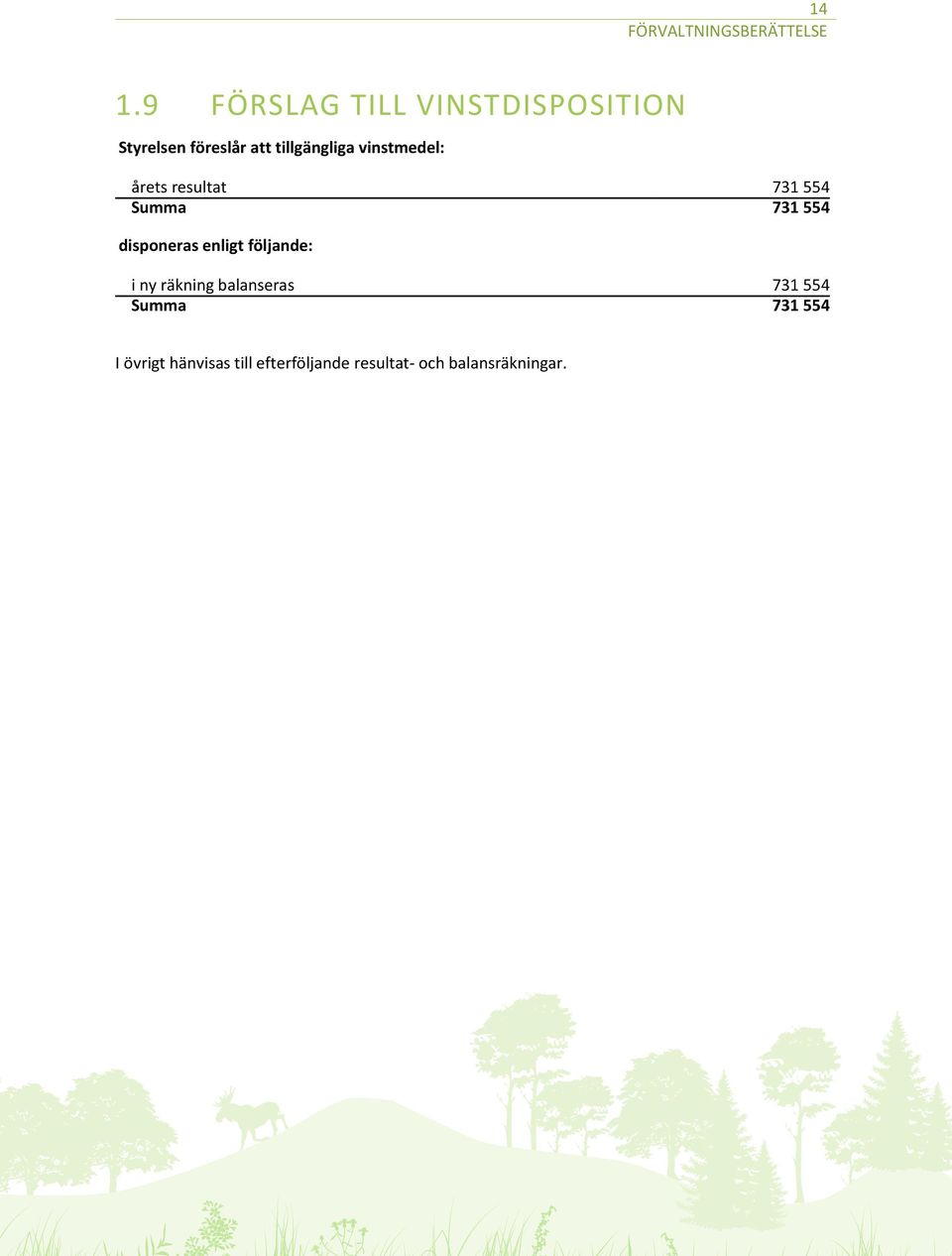 disponeras enligt följande: i ny räkning balanseras 731 554 Summa