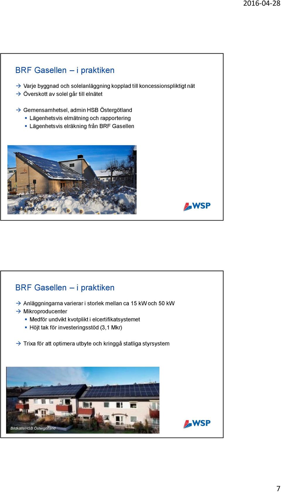 Bildkälla HSB Östergötland BRF Gasellen i praktiken à Anläggningarna varierar i storlek mellan ca 15 kw och 50 kw à Mikroproducenter Medför undvikt
