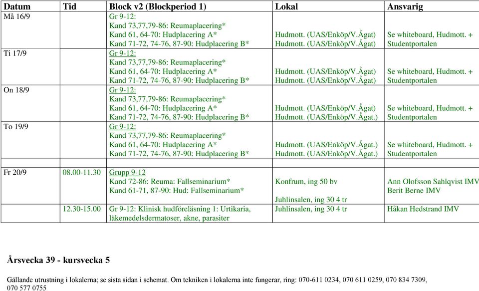74-76, 87-90: Hudplacering B* To 19/9 Gr 9-12: Kand 73,77,79-86: Reumaplacering* Kand 61, 64-70: Hudplacering A* Kand 71-72, 74-76, 87-90: Hudplacering B* Hudmott. (UAS/Enköp/V.Ågat) Hudmott.