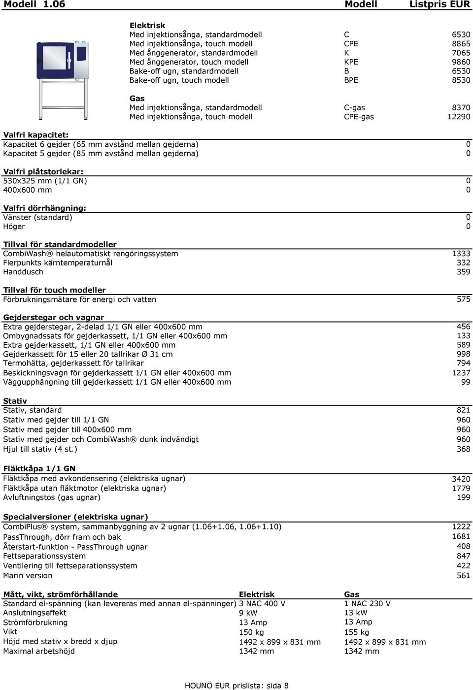 Bake-off ugn, standardmodell B 6530 Bake-off ugn, touch modell BPE 8530 Gas Med injektionsånga, standardmodell C-gas 8370 Med injektionsånga, touch modell CPE-gas 12290 Valfri kapacitet: Kapacitet 6