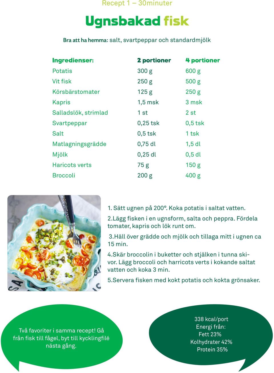 Fördela tomater, kapris och lök runt om. 3.Häll över grädde och mjölk och tillaga mitt i ugnen ca 15 min. 4.Skär broccolin i buketter och stjälken i tunna skivor.