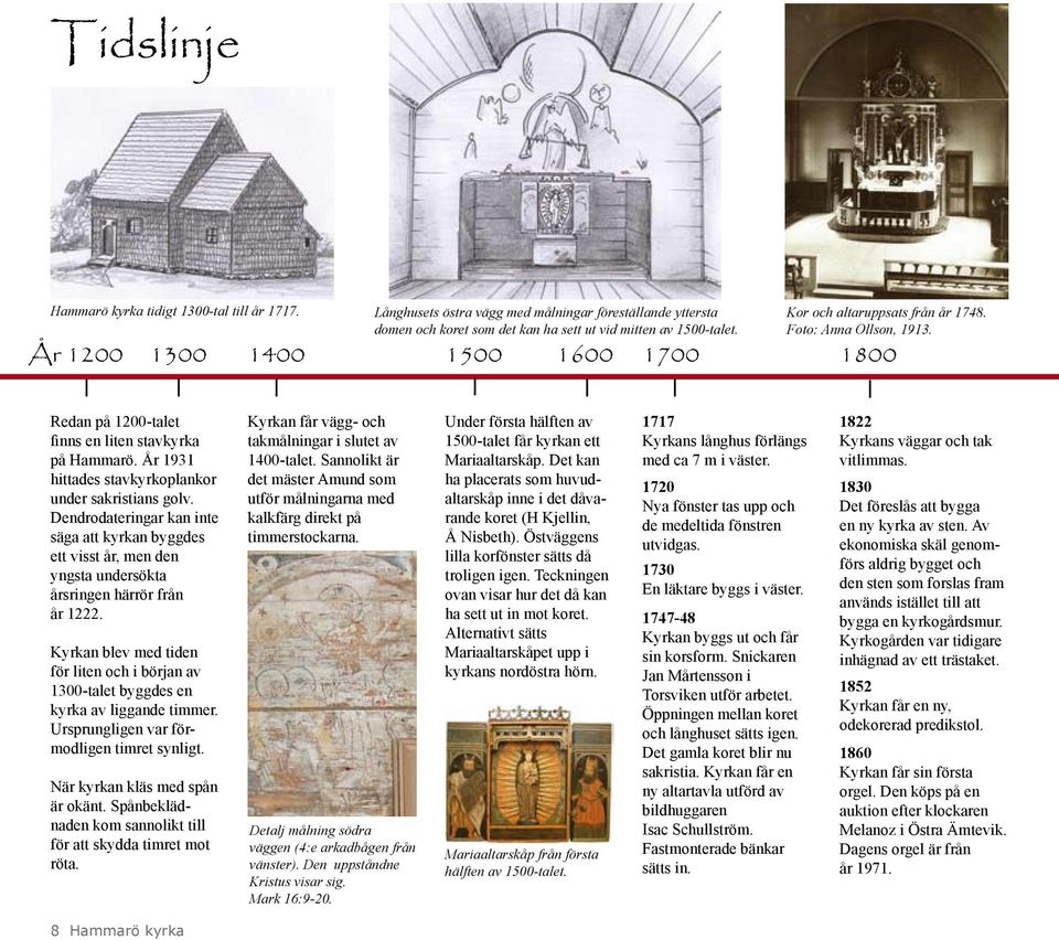 År 1931 hittades stavkyrkoplankor under sakristians golv. Dendrodateringar kan inte säga att kyrkan byggdes ett visst år, men den yngsta undersökta årsringen härrör från år 1222.