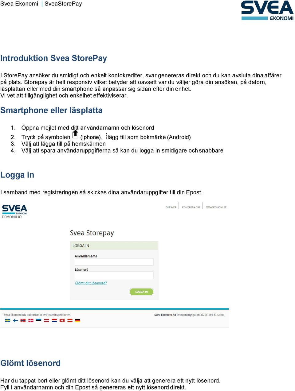 SveaStorePay. Innehåll och sidor. Svea Ekonomi SveaStorePay - PDF Free  Download