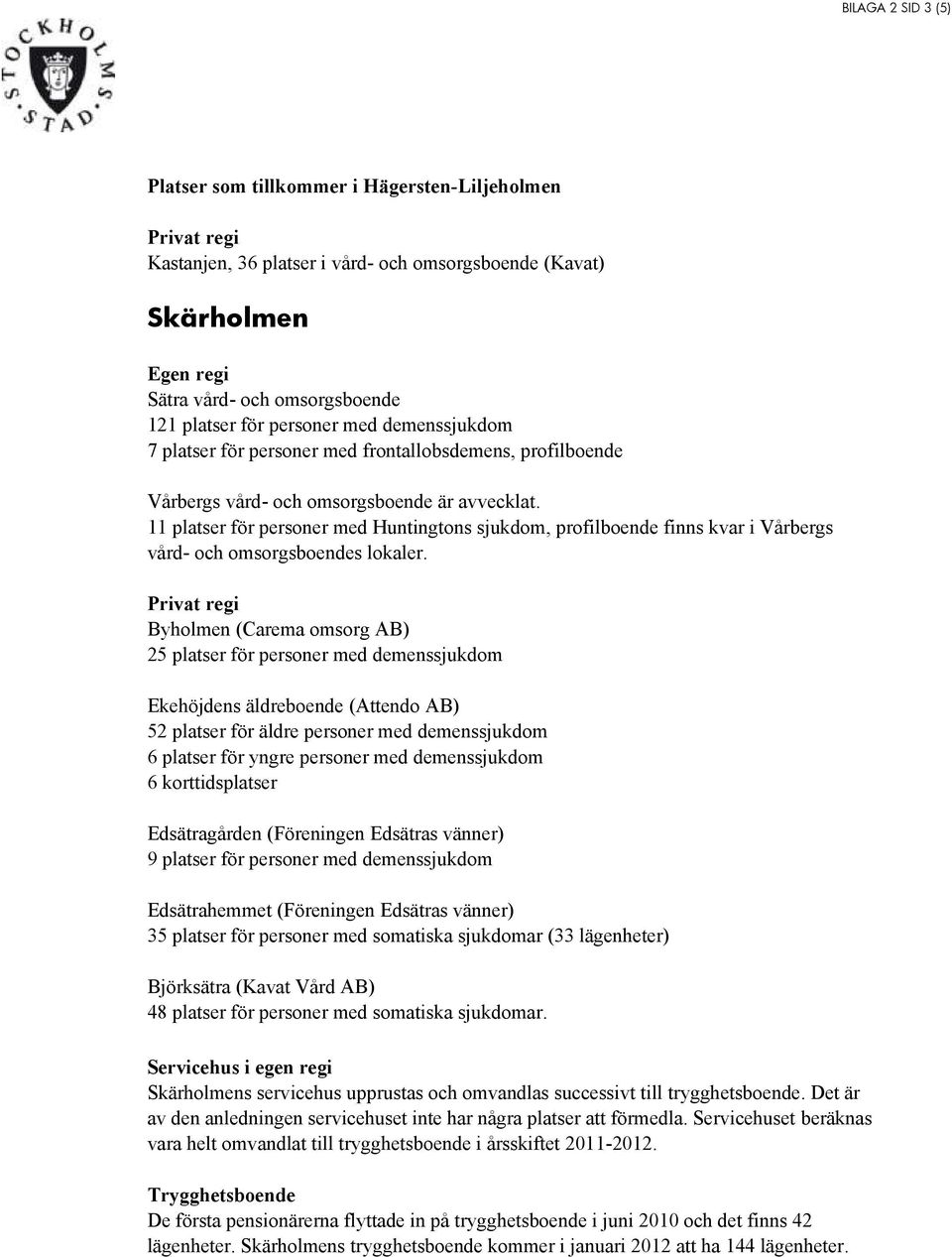 11 platser för personer med Huntingtons sjukdom, profilboende finns kvar i Vårbergs vård- och omsorgsboendes lokaler.