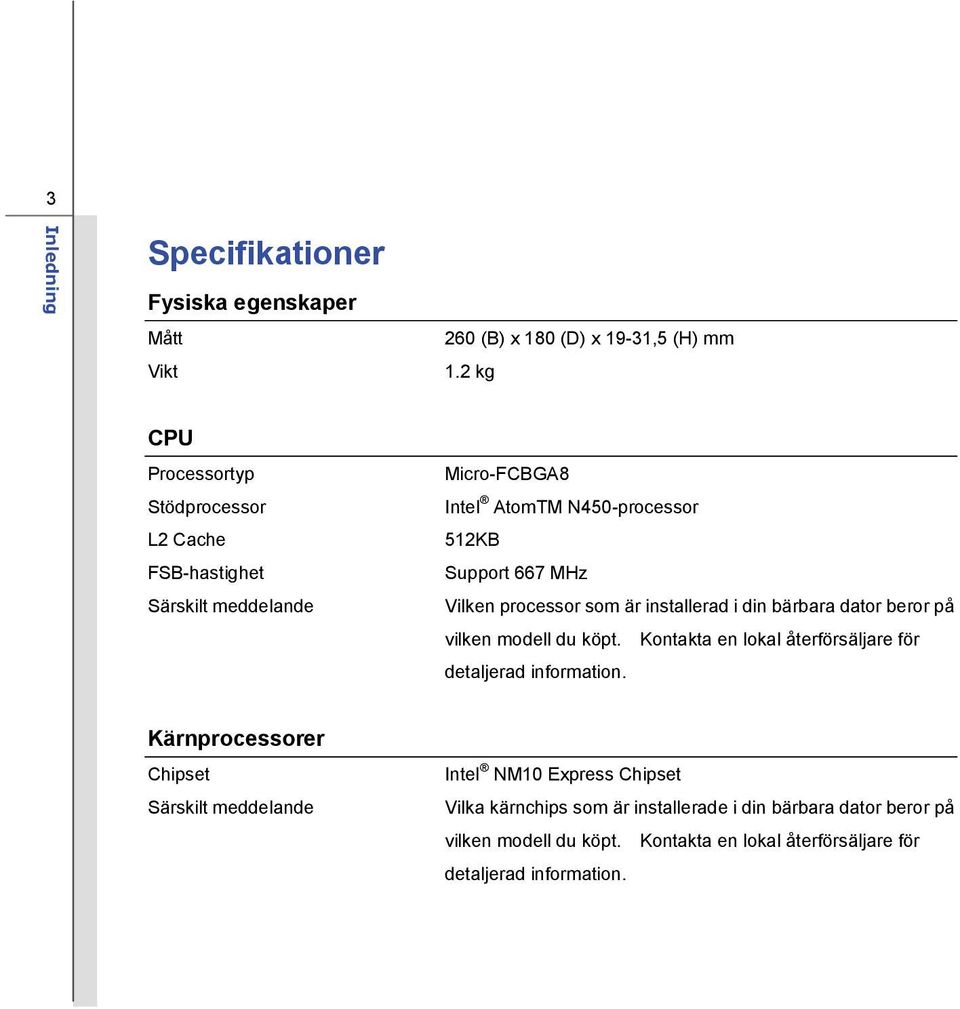 processor som är installerad i din bärbara dator beror på vilken modell du köpt. Kontakta en lokal återförsäljare för detaljerad information.