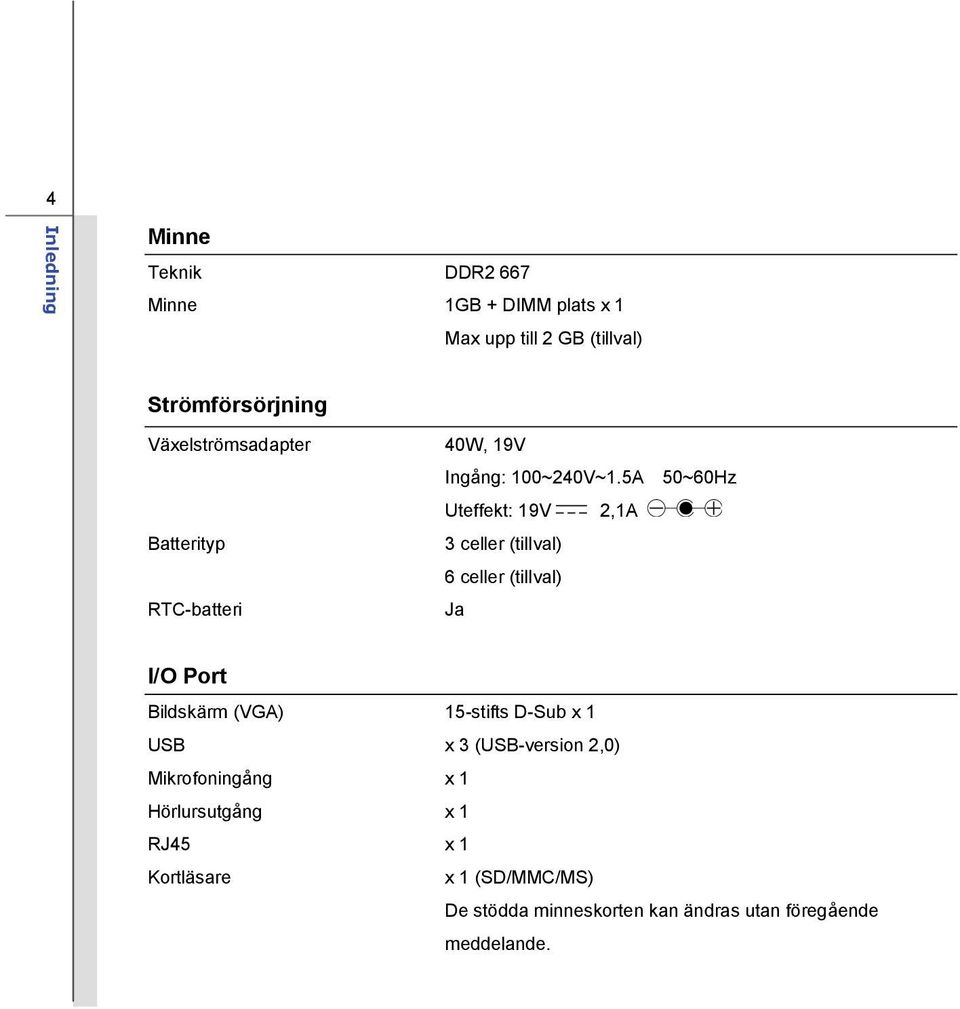 5A 50~60Hz Uteffekt: 19V 2,1A 3 celler (tillval) 6 celler (tillval) Ja I/O Port Bildskärm (VGA) 15-stifts