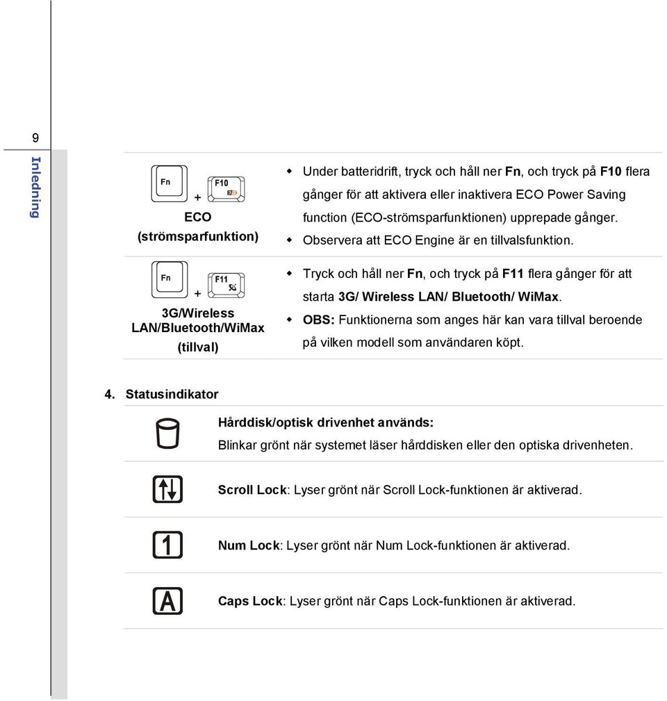 + 3G/Wireless LAN/Bluetooth/WiMax (tillval) Tryck och håll ner Fn, och tryck på F11 flera gånger för att starta 3G/ Wireless LAN/ Bluetooth/ WiMax.