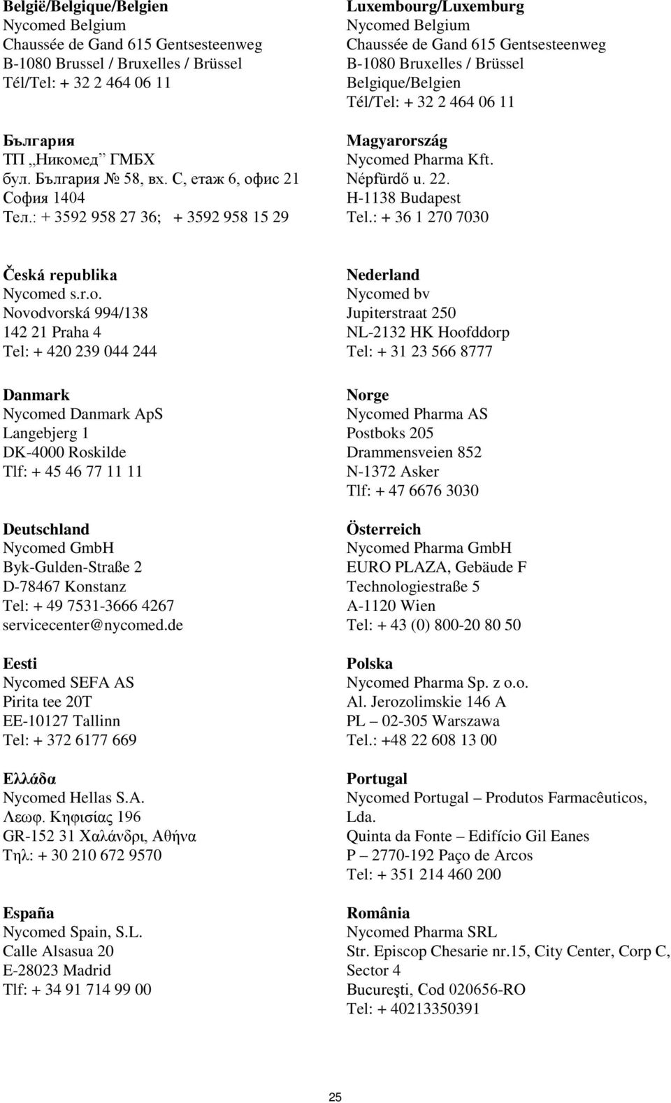 : + 3592 958 27 36; + 3592 958 15 29 Luxembourg/Luxemburg Nycomed Belgium Chaussée de Gand 615 Gentsesteenweg B-1080 Bruxelles / Brüssel Belgique/Belgien Tél/Tel: + 32 2 464 06 11 Magyarország