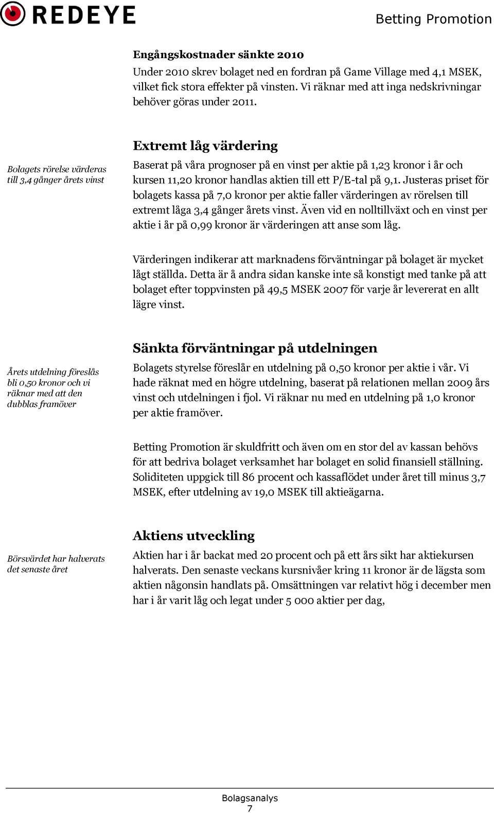 Bolagets rörelse värderas till 3,4 gånger årets vinst Extremt låg värdering Baserat på våra prognoser på en vinst per aktie på 1,23 kronor i år och kursen 11,20 kronor handlas aktien till ett P/E-tal