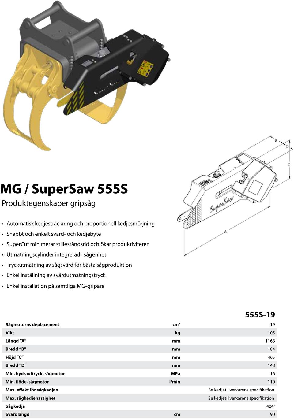 Enkel installation på samtliga MG-gripare 555S-19 Sågmotorns deplacement cm 3 19 Vikt kg 105 Längd A mm 1168 Bredd B mm 184 Höjd C mm 465 Bredd D mm 148 Min.