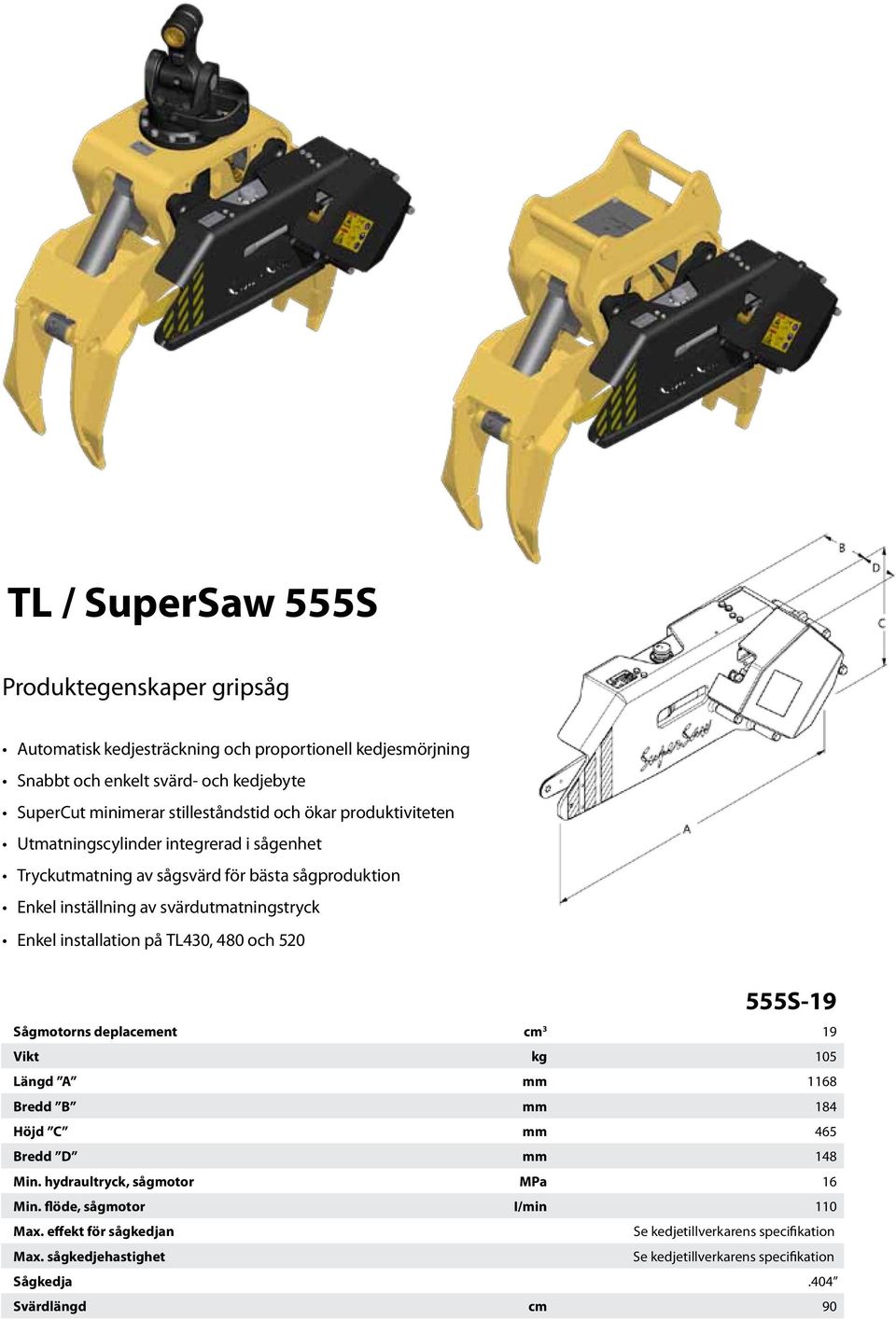 Enkel installation på TL430, 480 och 520 555S-19 Sågmotorns deplacement cm 3 19 Vikt kg 105 Längd A mm 1168 Bredd B mm 184 Höjd C mm 465 Bredd D mm 148 Min.