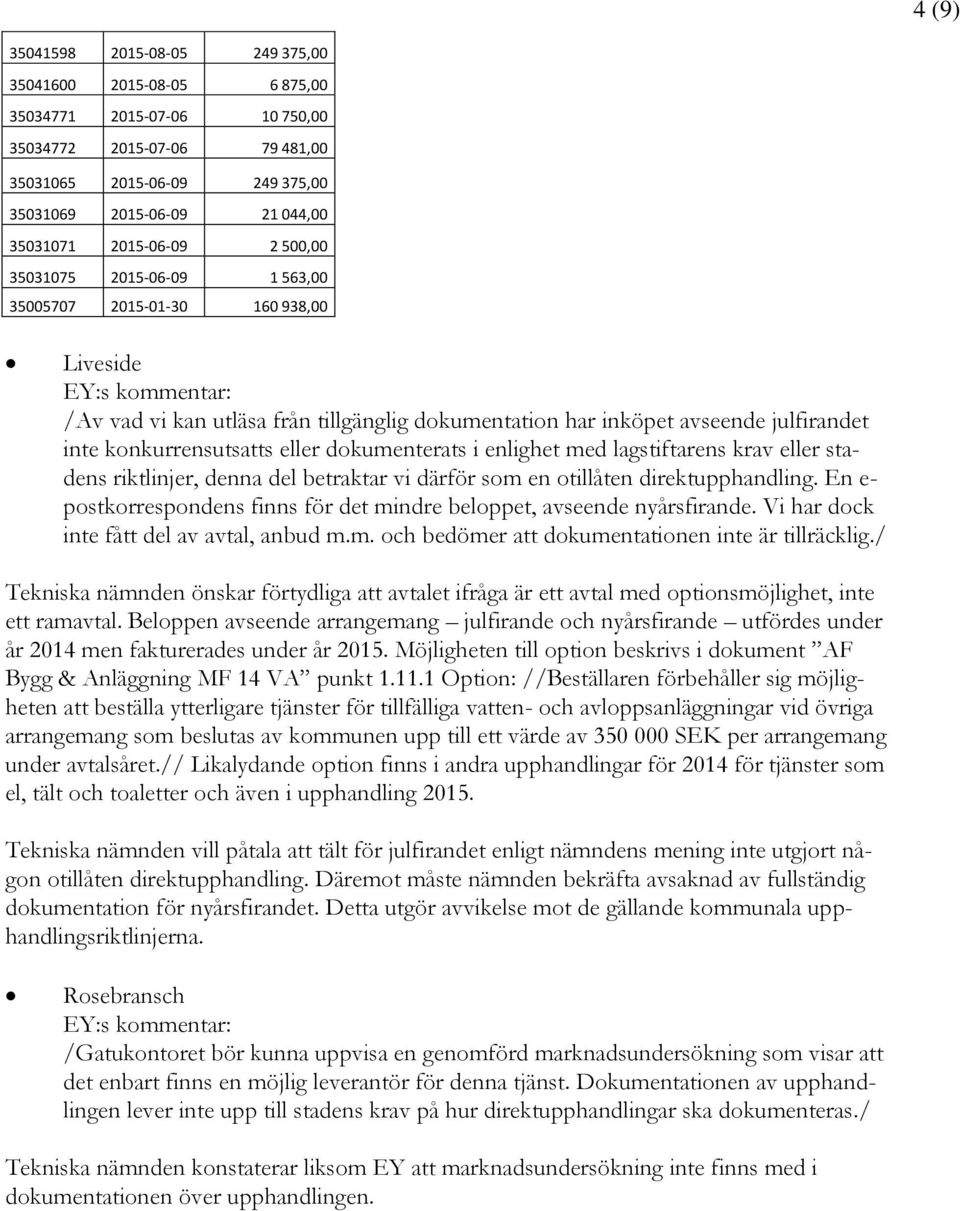 eller dokumenterats i enlighet med lagstiftarens krav eller stadens riktlinjer, denna del betraktar vi därför som en otillåten direktupphandling.