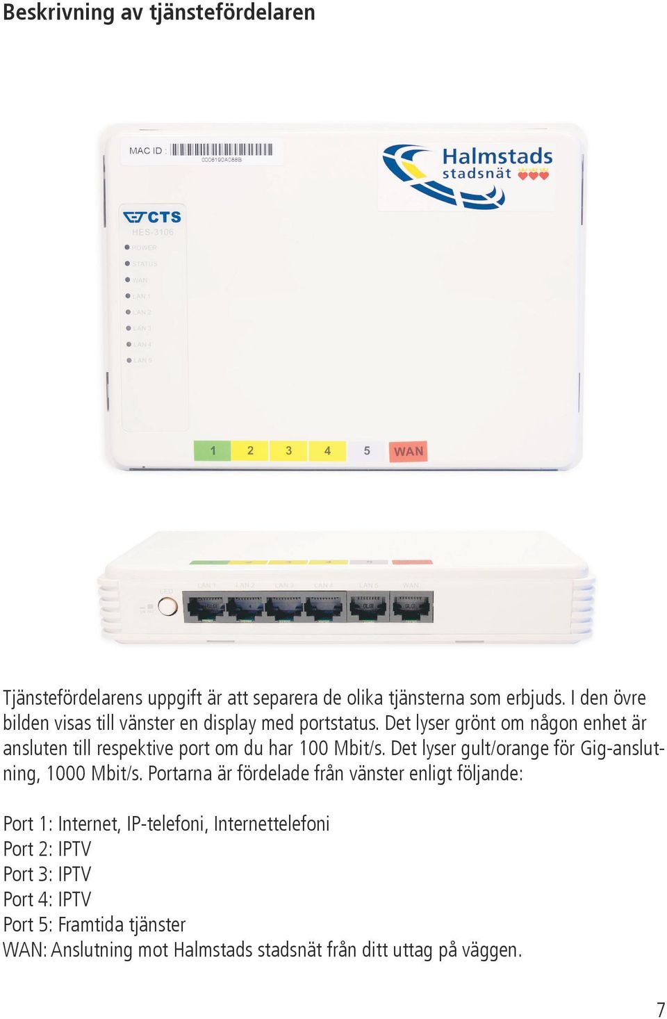 Det lyser grönt om någon enhet är ansluten till respektive port om du har 100 Mbit/s.