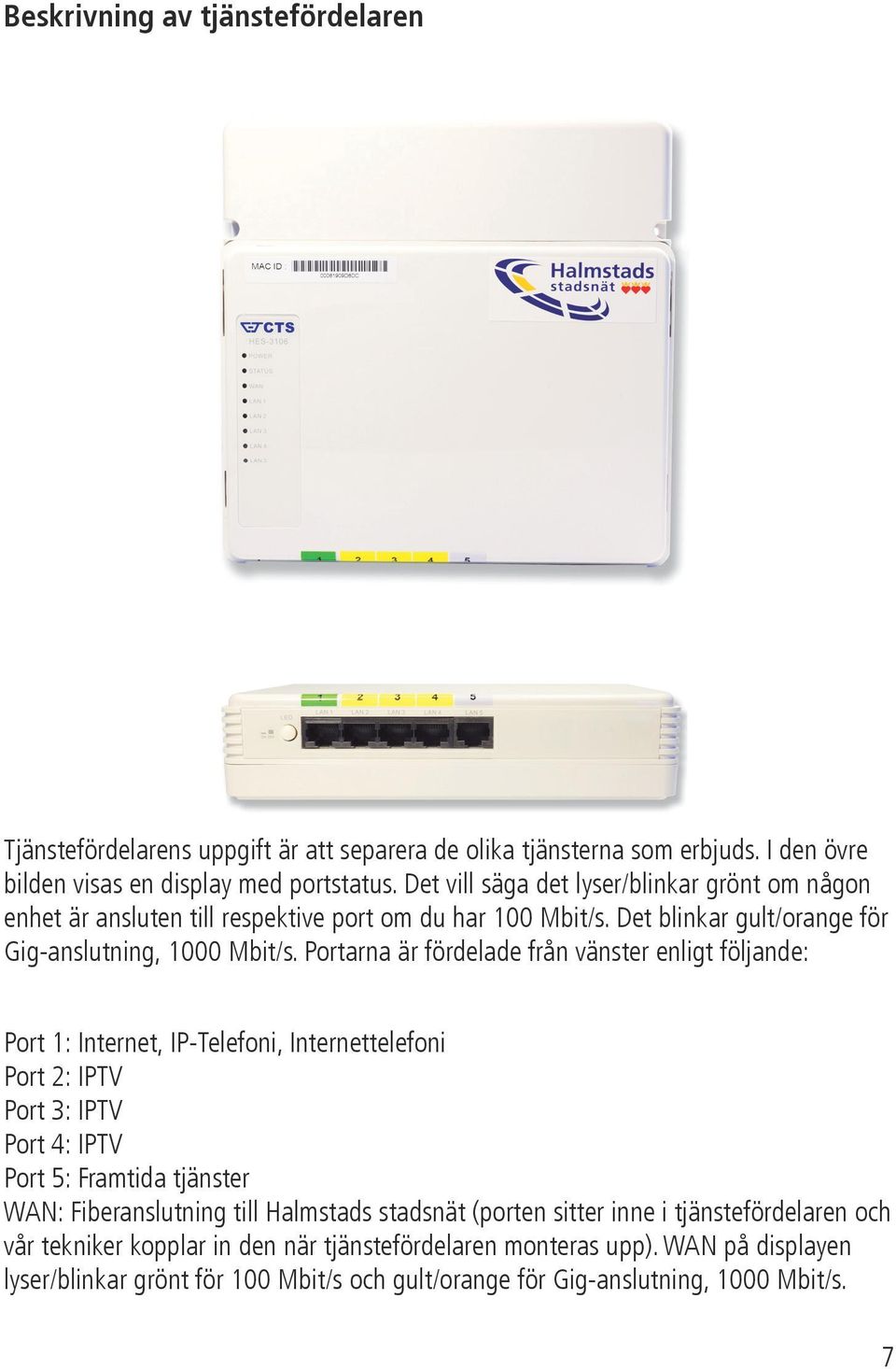 Portarna är fördelade från vänster enligt följande: Port 1: Internet, IP-Telefoni, Internettelefoni Port 2: IPTV Port 3: IPTV Port 4: IPTV Port 5: Framtida tjänster WAN: Fiberanslutning