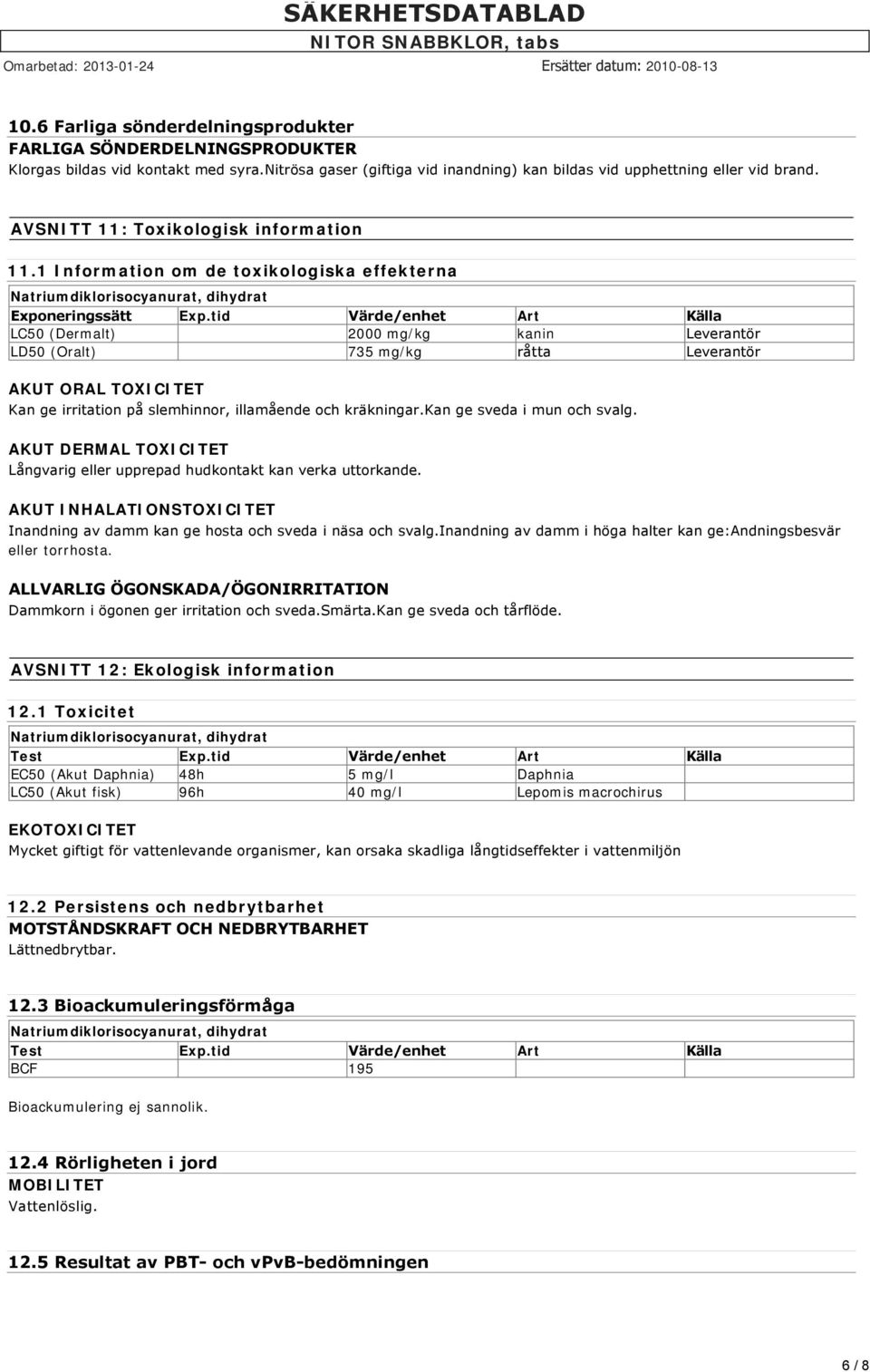 tid Värde/enhet Art Källa LC50 (Dermalt) 2000 mg/kg kanin Leverantör LD50 (Oralt) 735 mg/kg råtta Leverantör AKUT ORAL TOXICITET Kan ge irritation på slemhinnor, illamående och kräkningar.