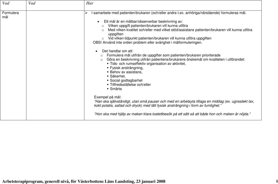 uppgiften o Vid vilken tidpunkt patienten/brukaren vill kunna utföra uppgiften OBS! Använd inte orden problem eller svårighet i målformuleringen.