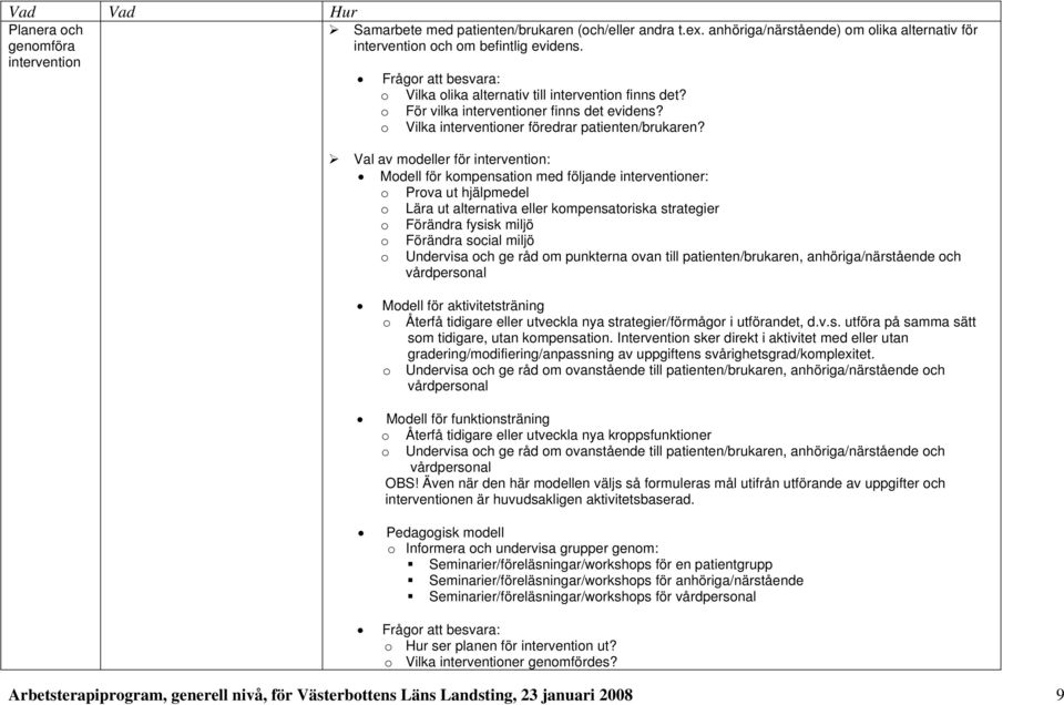 Val av modeller för intervention: Modell för kompensation med följande interventioner: o Prova ut hjälpmedel o Lära ut alternativa eller kompensatoriska strategier o Förändra fysisk miljö o Förändra