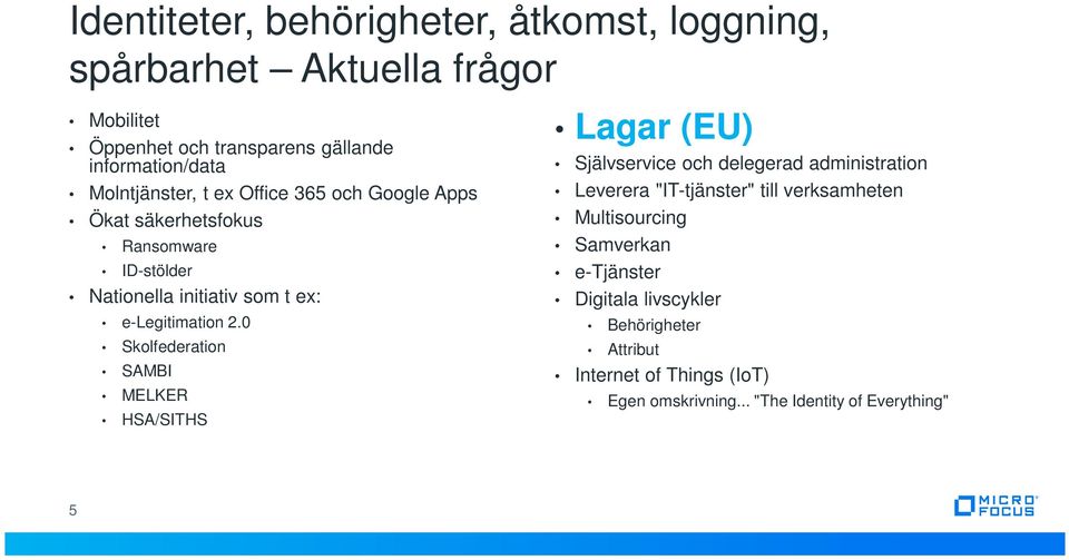 0 Skolfederation SAMBI MELKER HSA/SITHS Lagar (EU) Självservice och delegerad administration Leverera "IT-tjänster" till verksamheten