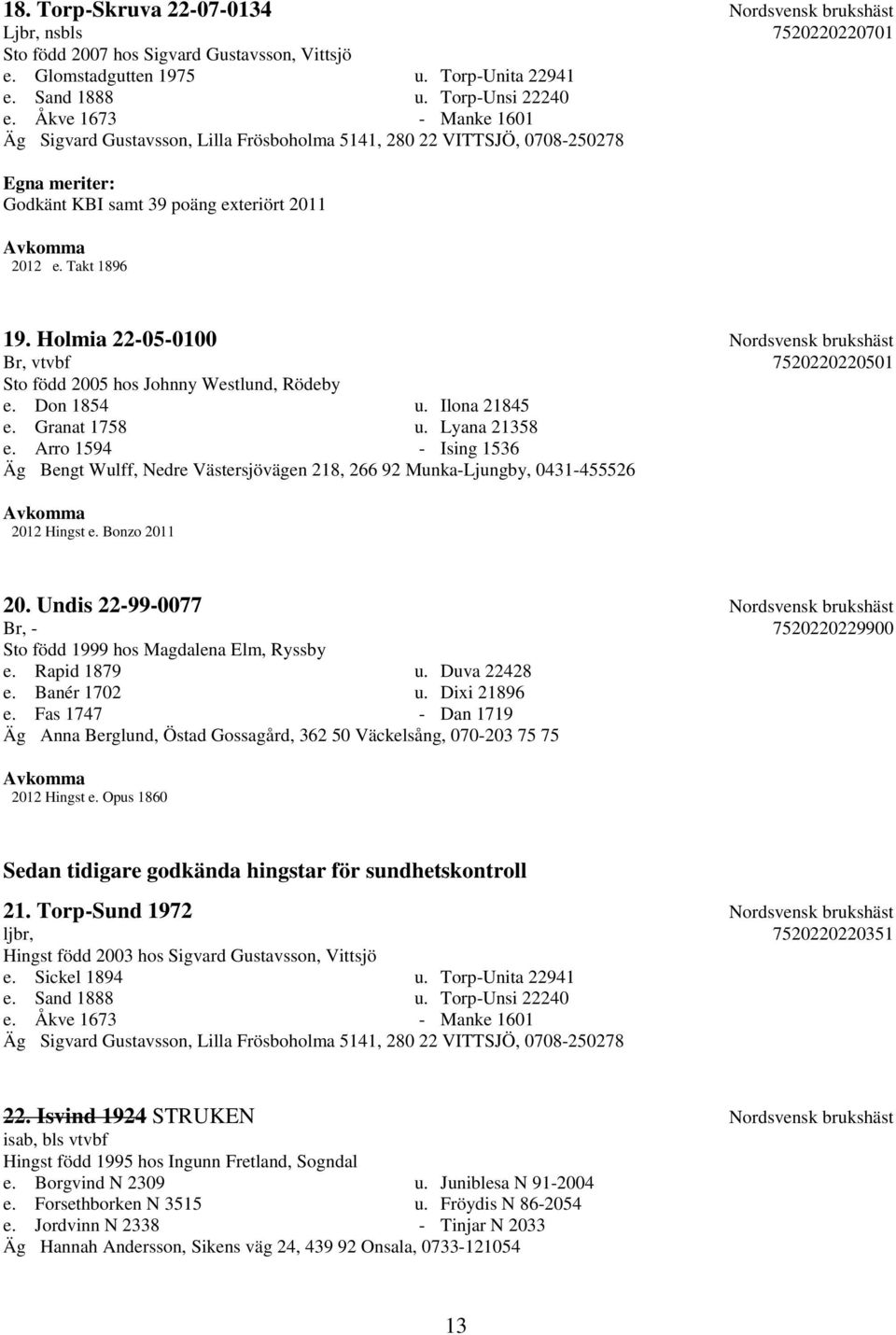 Holmia 22-05-0100 Nordsvensk brukshäst Br, vtvbf 7520220220501 Sto född 2005 hos Johnny Westlund, Rödeby e. Don 1854 u. Ilona 21845 e. Granat 1758 u. Lyana 21358 e.