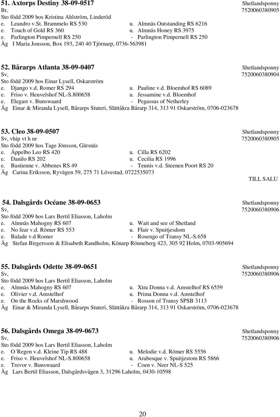 Bårarps Atlanta 38-09-0407 Shetlandsponny Sv, 7520060380904 Sto född 2009 hos Einar Lysell, Oskarström e. Django v.d. Romer RS 294 u. Pauline v.d. Bloemhof RS 6089 e. Friso v. Heuvelshof NL-S.
